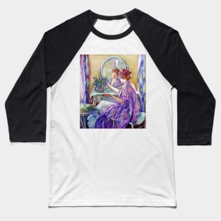 Woman in Violet Kimono Arranging Purple Flowers At A Table and Mirror, Robert Reid 1910 Baseball T-Shirt